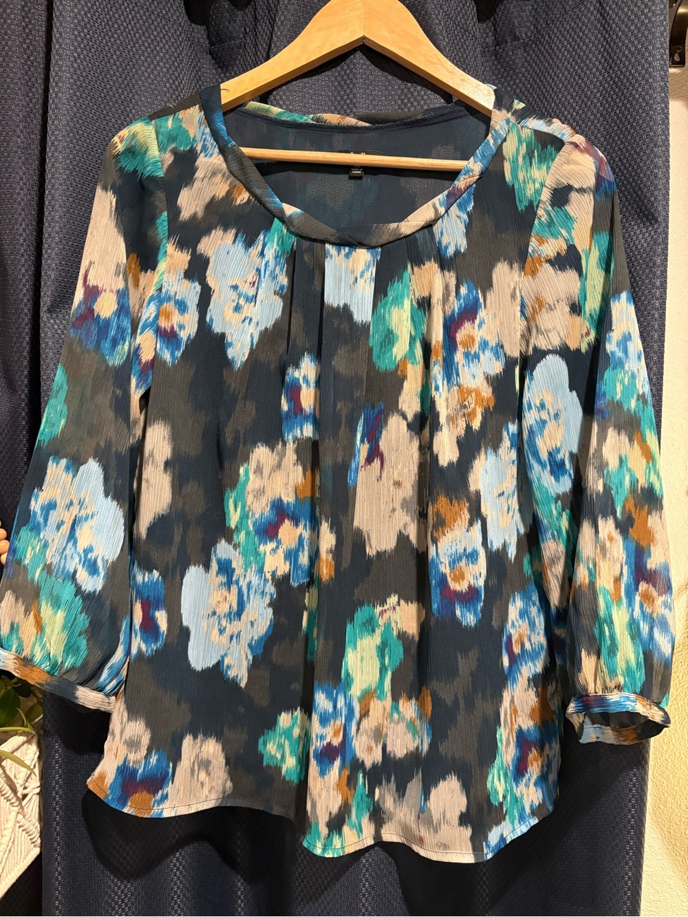 Rafaella Black Blouse with Teal, Blue and Cream Floral Print